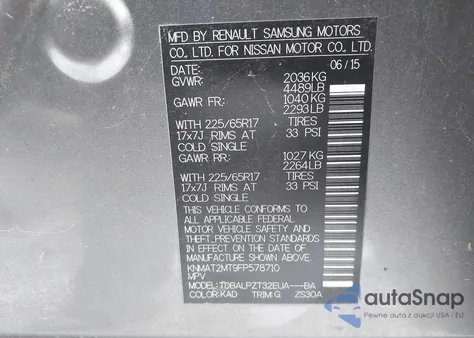 2015 Nissan Rogue S z USA, uszkodzony, nr VIN KNMAT2MT9FP578710